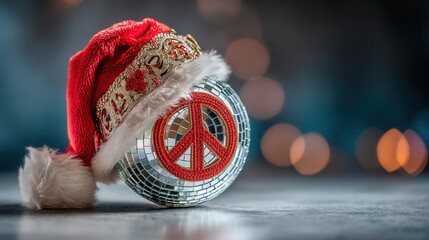 groovy Christmas Sparkly disco ball wearing a festive Santa hat with bokeh background.