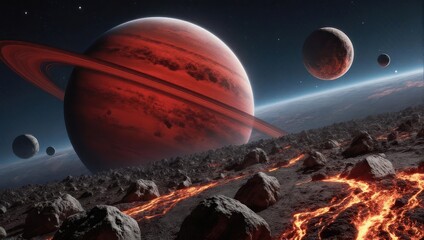 Alien Planet Landscape with Ringed Gas Giant and Moons.