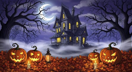 Spooky Halloween Night Scene with Haunted House and Jack o Lanterns
