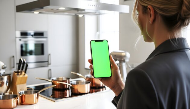 Hand holding smartphone with blank green screen chroma key for food delivery app and cooking recipe mockup featuring woman in modern kitchen with copper cookware background - Powered by Adobe