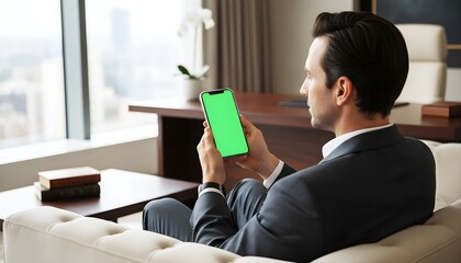Hand holding smartphone with blank green screen chroma key for corporate business app mockup featuring executive man relaxing on sofa in modern office with window city view