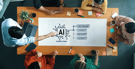 A diverse team collaborates on AI concepts, focusing on text processing and visual generation at a modern workspace, highlighting innovation and teamwork. Trope