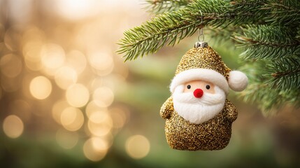 groovy Christmas Christmas ornament hanging on a tree branch with blurred lights.