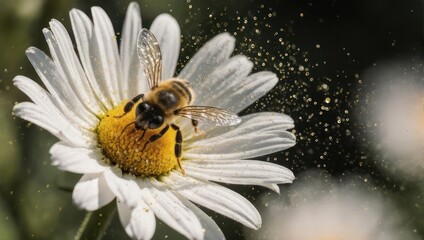 Obraz premium Bee collecting pollen from a daisy flower in macro photography.