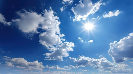 Blue Sky with White Clouds and Sun Shining Brightly on a Sunny Day Weather Natural Environment Background Landscape Serene Outdoors