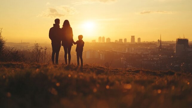 A family silhouette stands together at sunset. They share a moment in nature while viewing the city skyline. The warm tones create a sense of peace. Generative AI