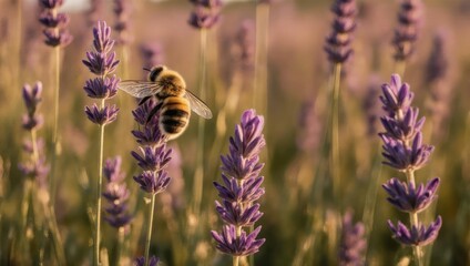 Bee collecting nectar from a lavender flower in a field.