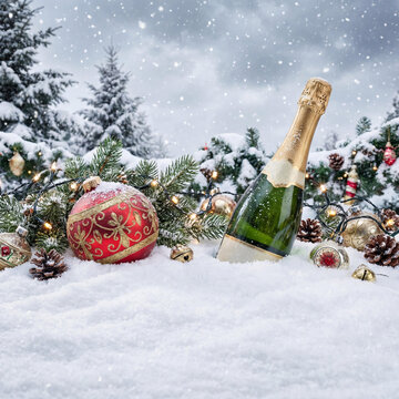 Champagne Bottle Frozen in Snowlit Holiday Scene With Ornaments and Christmas Lights