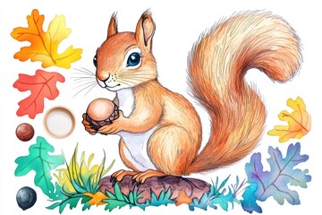 Cute squirrel holding acorn, autumn leaves background, children's illustration, educational material