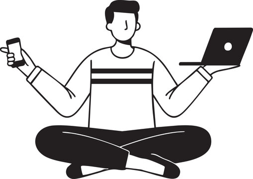 Person meditating with laptop and phone vector illustration eps silhouette