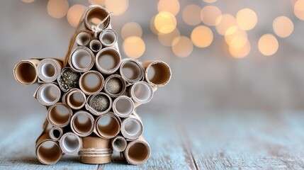 eco friendly Christmas Decorative star made from rolled paper tubes with blurred lights in background.