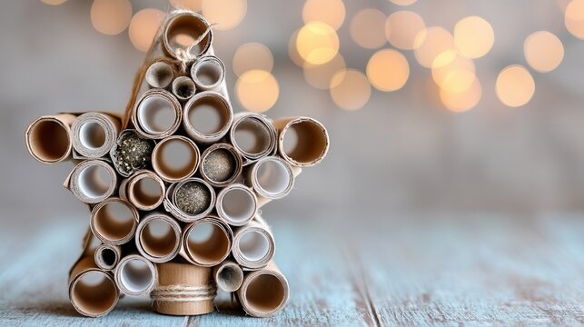 eco friendly Christmas Decorative star made from rolled paper tubes with blurred lights in background.