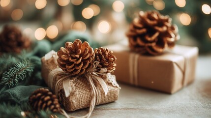 eco friendly Christmas Festive gift wrapping with pinecones and blurred lights in the background.