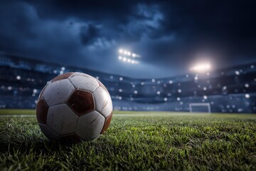 Fototapeta premium Close-up Soccer Ball on Green Field Illuminated by Stadium Lights with Dramatic Night Sky
