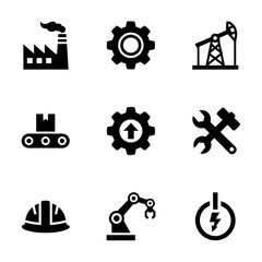 Industrial icons representing factory, gears, oil pump, and robotic arm