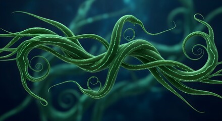 Obraz premium Abstract green tendrils intertwine against a dark, blurred background, creating an organic, flowing, and mysterious visual