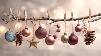eco friendly Christmas Decorative ornaments hanging on a branch with a festive background.