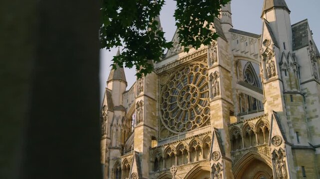 Westminster Abbey North Transept And Rose Window With Flying Buttresses In London, United Kingdom. - reveal shot