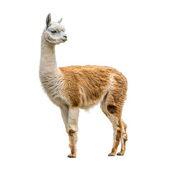 Naklejka premium Side view of a light brown and white alpaca standing on a transparent background isolated