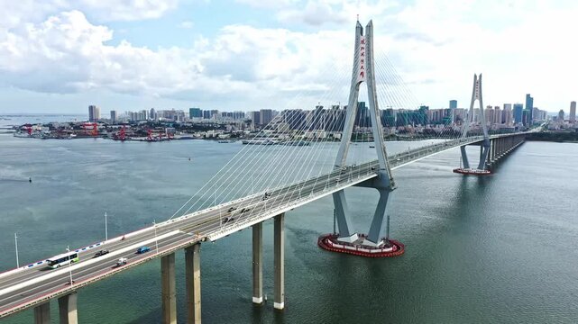 Zhanjiang Bay Bridge Aerial View China Modern Cable-Stayed Infrastructure Transportation Engineering Urban Skyline