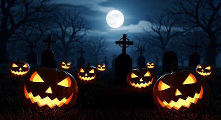 Spooky Halloween night with glowing pumpkins and tombstones under moonlight