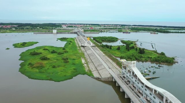 Zhanjiang Bridge Aerial View with Green Islands and Ships in China