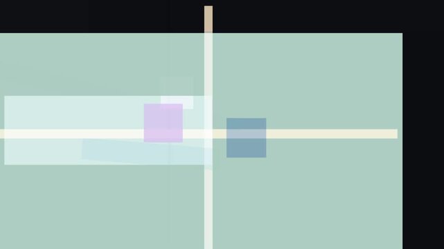 Geometric composition featuring intersecting lines and overlapping rectangles in pastel hues, creating a sense of depth and minimalist abstraction