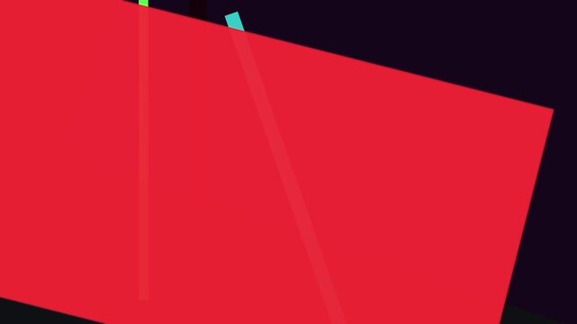 A vibrant red rectangle dominates the frame, slightly tilted, with subtle vertical lines adding depth against a dark backdrop and a hint of green