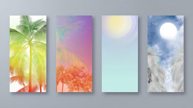 Four Abstract Nature Inspired Banners with Trees Colorful Sky Moon and Sun Illustrations on Gray Background for Web or Print Design