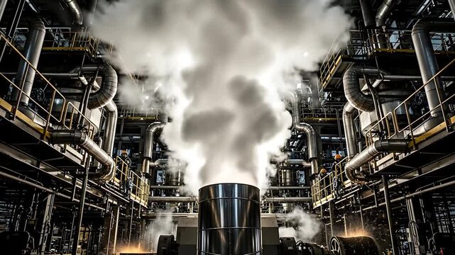 Industrial complex emitting smoke during operation daytime overhead view