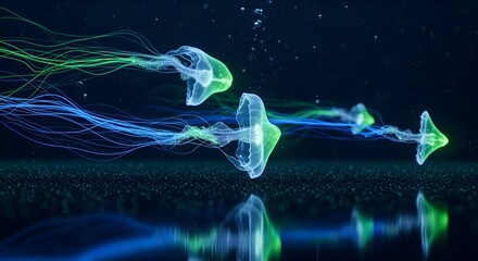 Dynamic bioluminescent entities with ethereal flowing tendrils gracefully navigate a serene deep-sea conceptual landscape, casting vibrant reflections in the mysterious aquatic depths