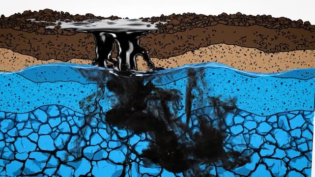Cross section of soil layers with water and dark liquid seeping in