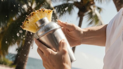 Bartender shaking cocktail with pineapple garnish near palm trees.