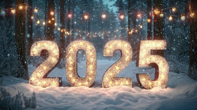 3d of illuminated 2025 marquee glowing numbers on snow winter forest snowflakes lights  christmas celebration happy new year new beginning start