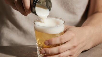 Bartender Pouring Creamy Foam into a Cocktail Glass.