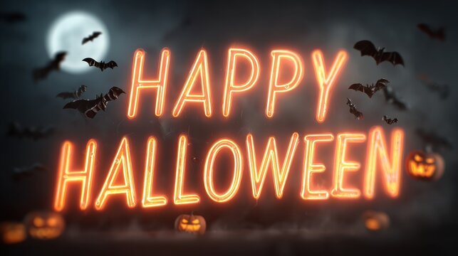 spooky happy halloween glowing neon typography with pumpkins flying bats and full moon on a dark cinematic background perfect for halloween party posters social media banners and festive season