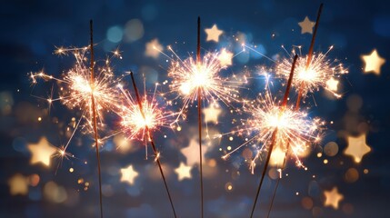 closeup of sparkling red white and blue sparklers with golden embers against softly blurred night sky featuring starshaped bokeh lights and warm festive glow for independence day celebrations
