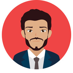 Man with Brown Hair and Beard Wearing a Blue Suit and Grey Tie With a Red Circle Background