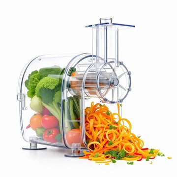 Clear vegetable spiralizer machine processing fresh broccoli, tomato, and cucumber into vibrant orange carrot noodles isolated on white background