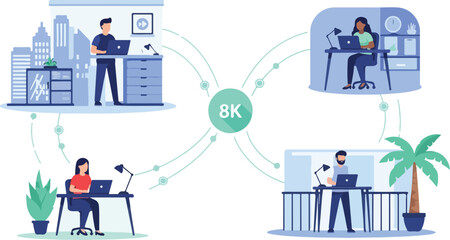 Remote work concept with people working from different locations connected by a central network.