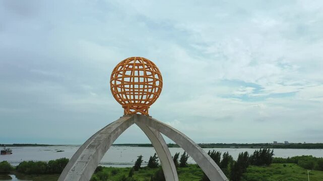 Spherical Monument Sculpture with Arches Overlooking Water Landscape Architecture Design