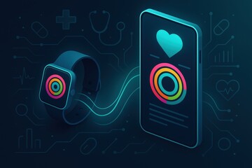 Innovative health monitoring technology showcasing a digital smartwatch connected seamlessly to a smartphone with dynamic visual data representation and health metrics