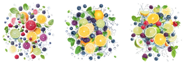 Vibrant Fruit Symphony: A captivating arrangement of fresh fruits and herbs, a visual feast bursting with color, celebrating health and natural goodness.
