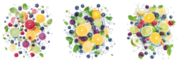 Vibrant Fruit Symphony: A captivating arrangement of fresh fruits and herbs, a visual feast bursting with color, celebrating health and natural goodness.