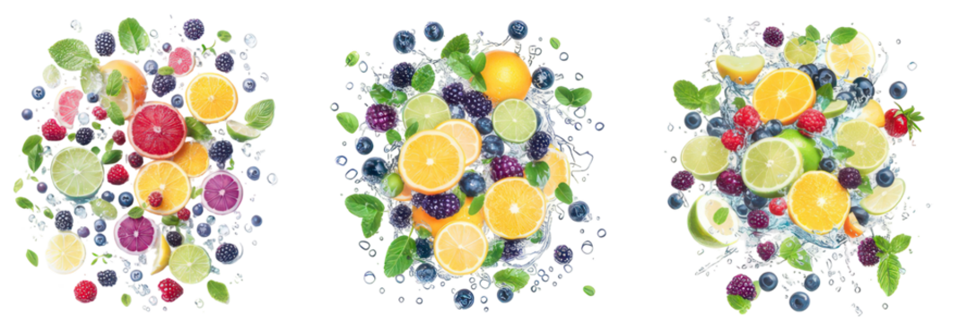 Vibrant Fruit Symphony: A captivating arrangement of fresh fruits and herbs, a visual feast bursting with color, celebrating health and natural goodness.