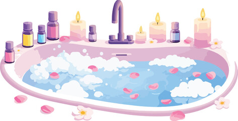 Relaxing bubble bath with essential oils and candles for a serene spa experience.
