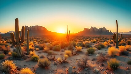 outback. Desert panorama featuring cacti and rock formations during golden sunset. inspiring travel planning, travel magazines, designed for outdoor magazines and nature guides, used by ux designers.