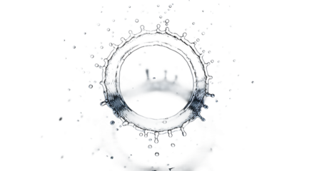 Water drop impact creating a circular splash effect isolated on transparent background