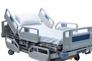 Adjustable electric hospital bed with clean white bedding and side rails isolated on transparent background