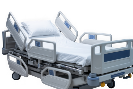 Adjustable electric hospital bed with clean white bedding and side rails isolated on transparent background